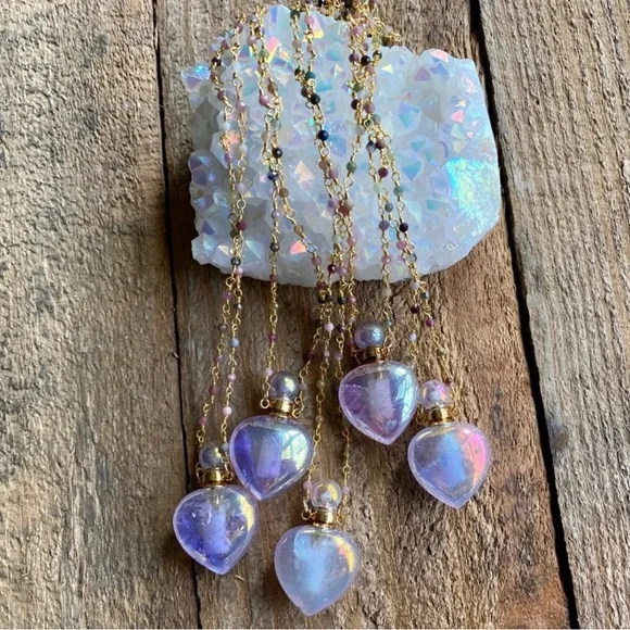 Aura Quartz Crystal bottle Necklace 18K Gold Plated Brass Rosary Chain New in bx - Picture 8 of 10